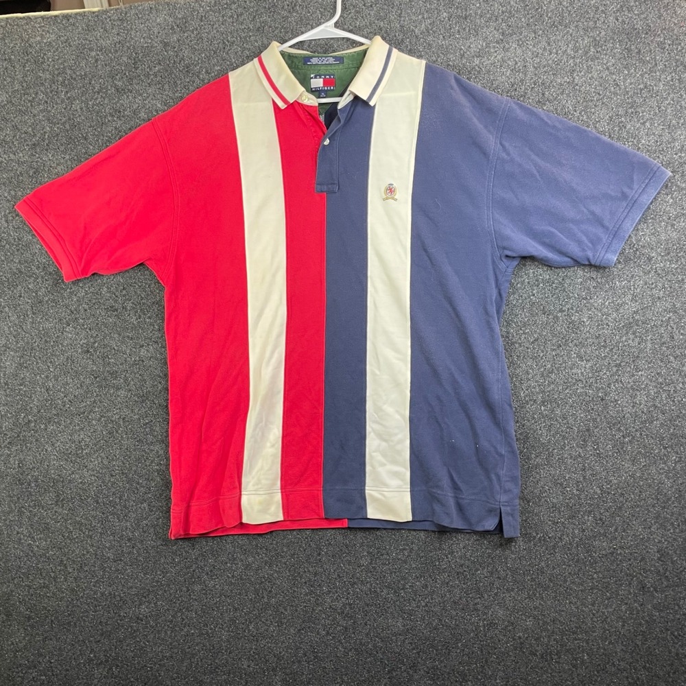 Tommy Hilfiger Vertical Colorblock Crest Polo Shirt Men's XL Red Blue White
